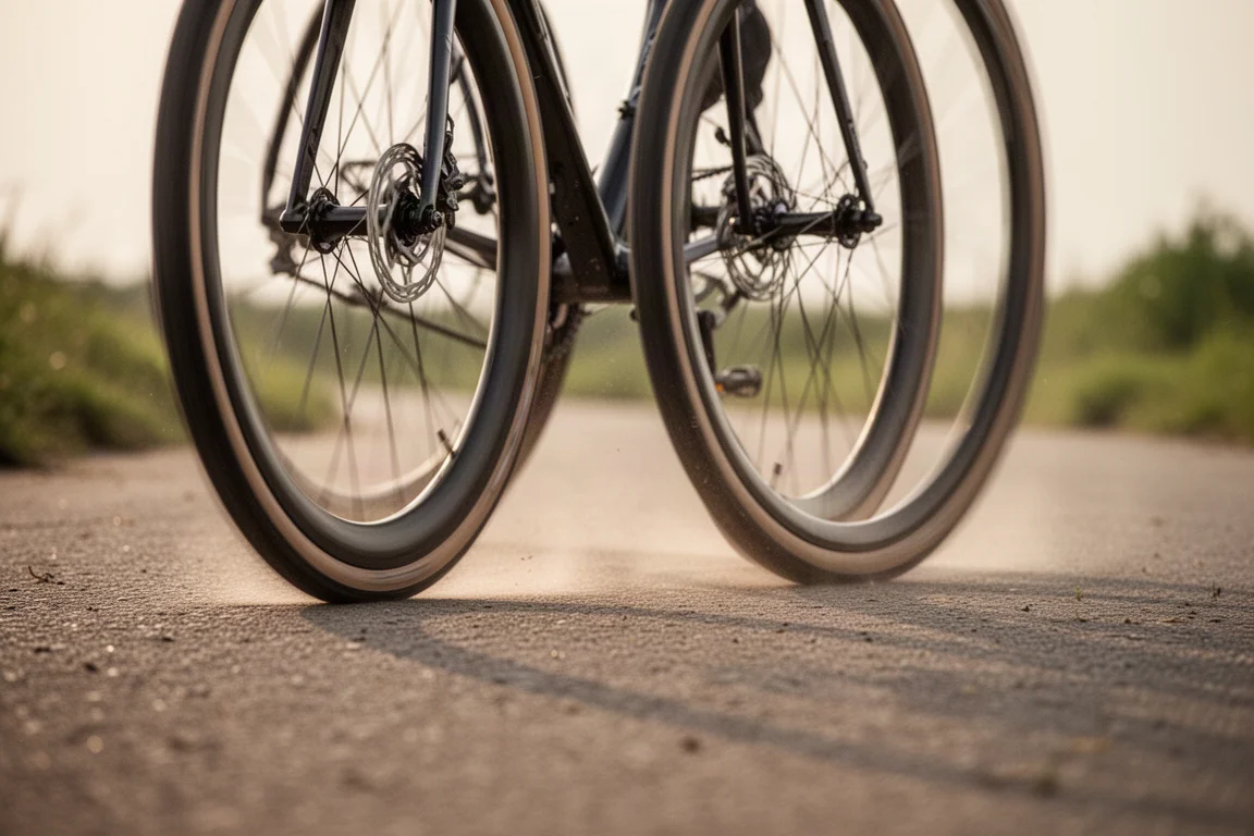 Rolling road bike wheels on smooth tarmac with wide tires at low pressure