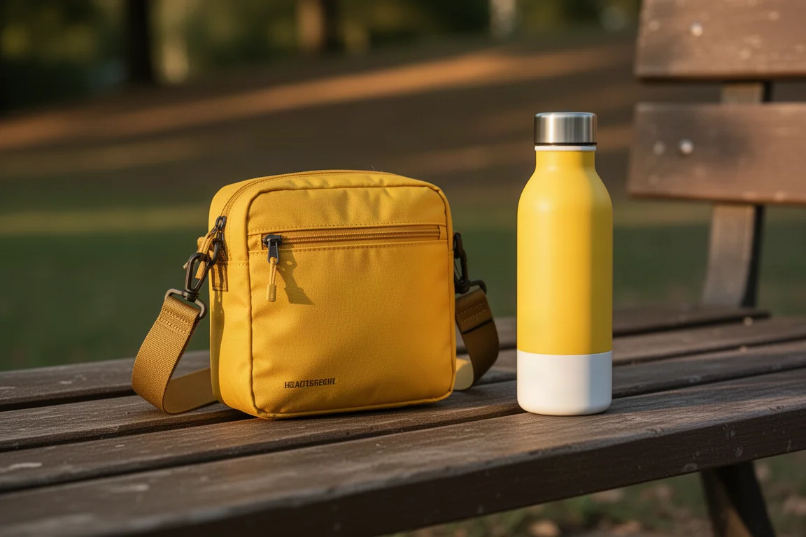 Yellow sling bag resting on a wooden bench beside a water bottle
