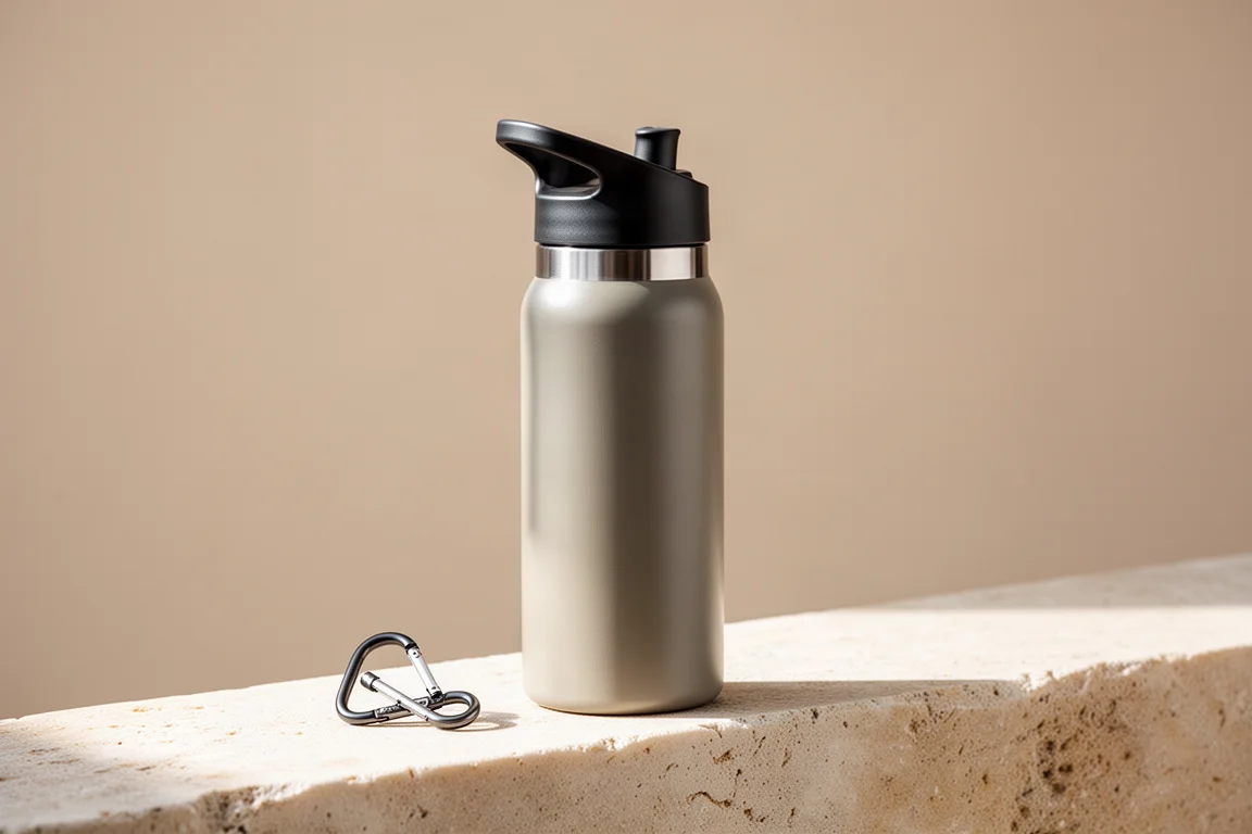 Insulated water bottle standing on a stone ledge in bright daylight