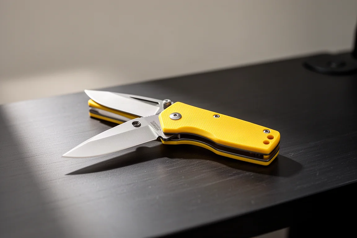 Small folding knife with translucent yellow scales on a desk