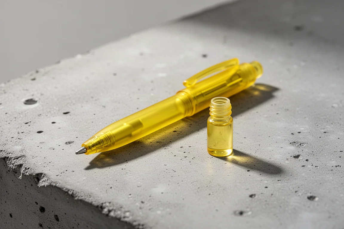 Translucent yellow compact pen and small capsule on a concrete surface