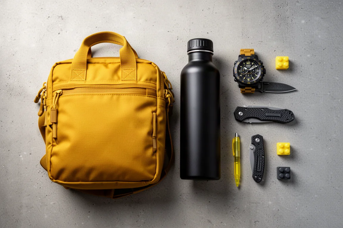 Flat-Lay gelb-thematisierter Everyday-Carry-Accessoires auf einer Betonoberfläche
