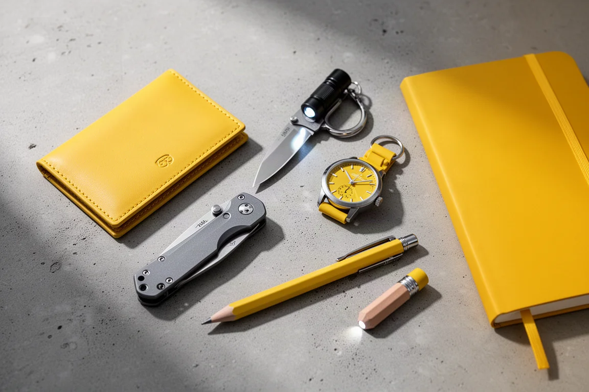 Flat-lay of yellow everyday carry items including wallet, knife, flashlight, watch, pen, and notebook