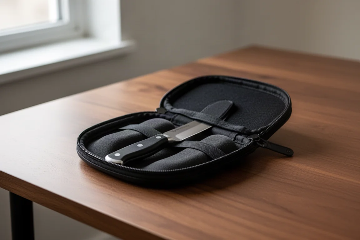 Coltello in una semplice custodia con cerniera su un tavolo di legno