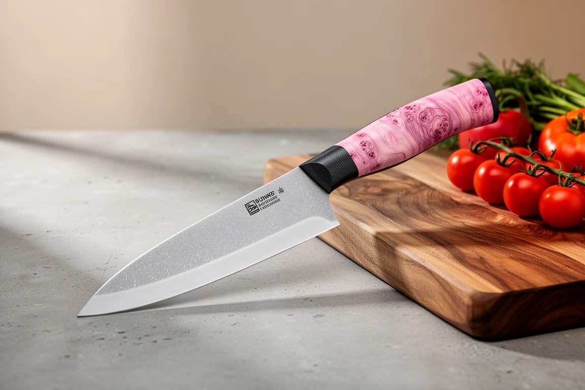 Petty chef knife with sandblasted blade and pink maple burl handle on concrete