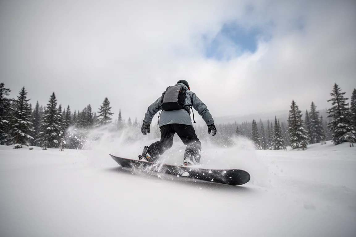 Snowboardzista płynący przez głęboki, świeży puch na szerokiej kierunkowej desce