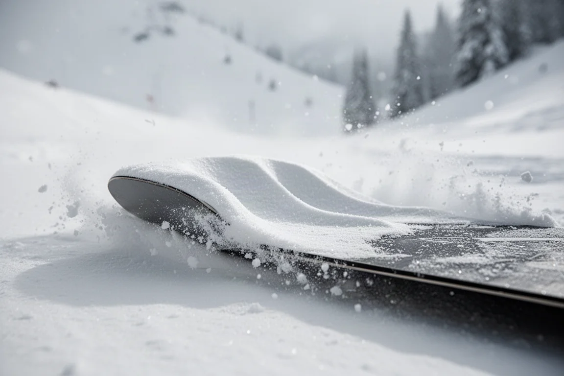 Zbliżenie na nos deski snowboardowej z wklęsłym 3D kształtem przebijający się przez świeży śnieg