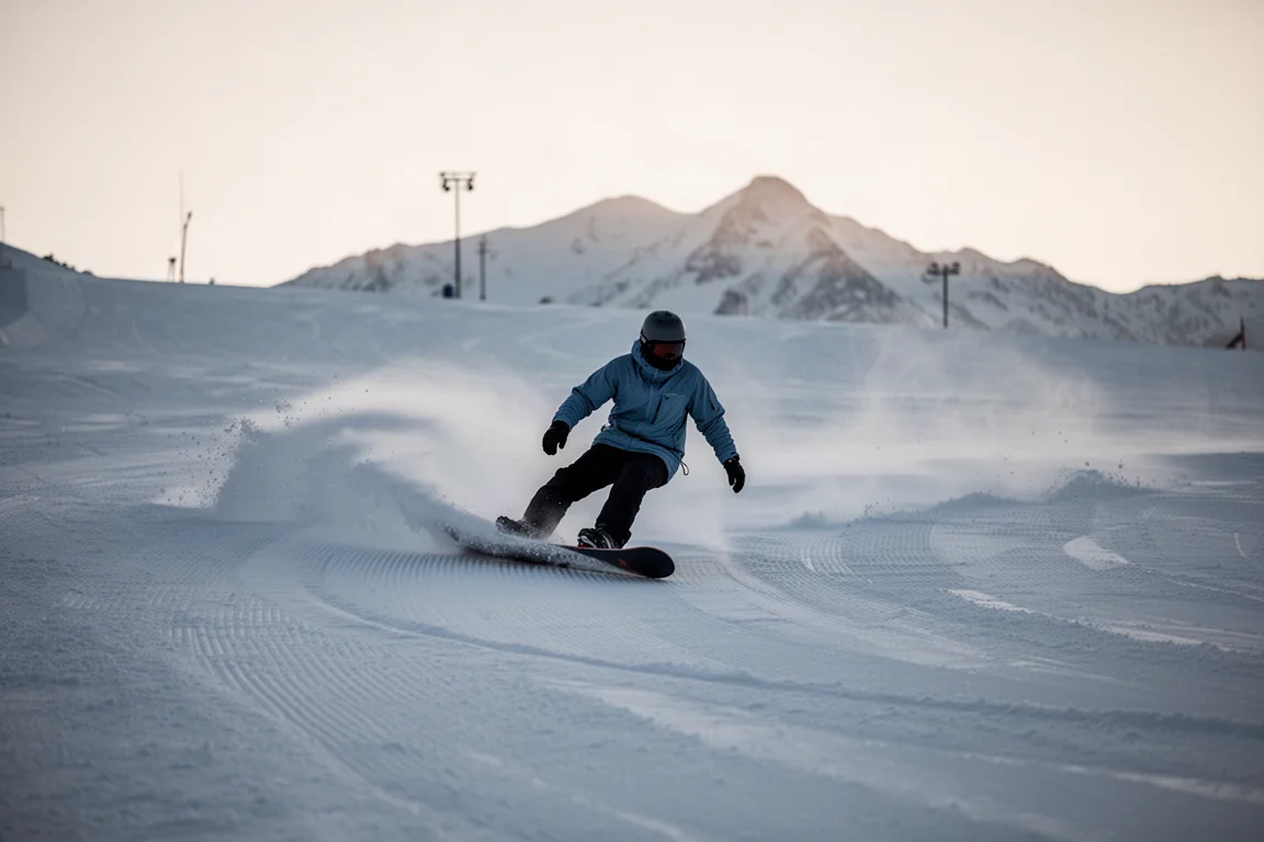 Snowboardzista trzymający długi, płynny carving na przygotowanym stoku o zmierzchu