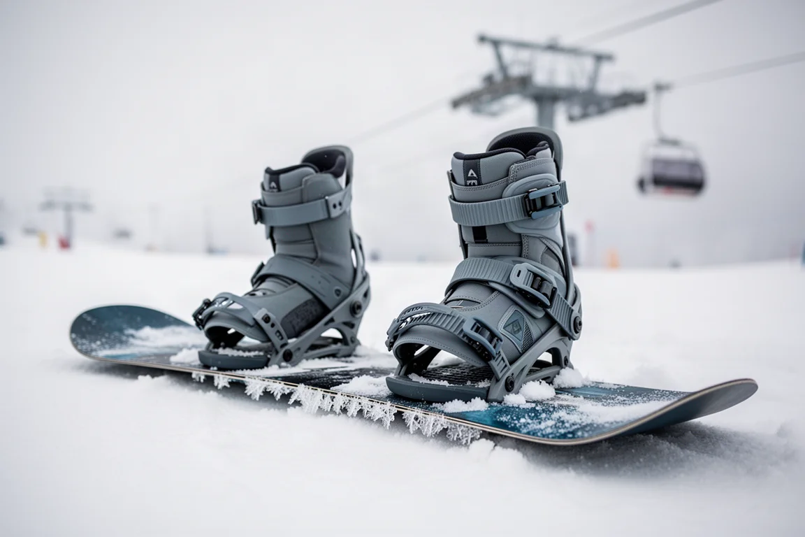 Bindingi i buty snowboardowe leżące na zaśnieżonej desce w kurorcie
