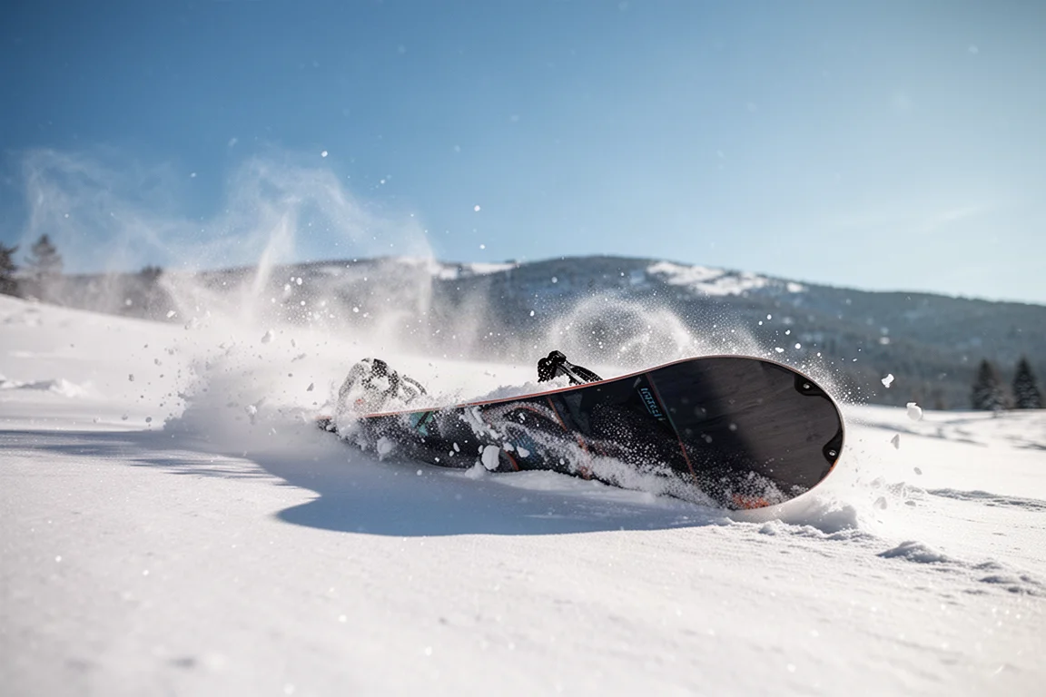 Prancha de snowboard larga em pé na neve fresca em um dia ensolarado de céu azul