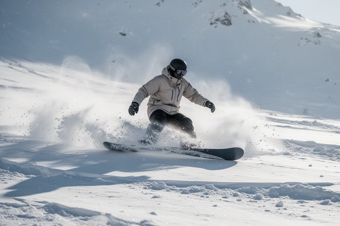 Snowboarder acelerando por neve densa acumulada pelo vento em uma encosta aberta