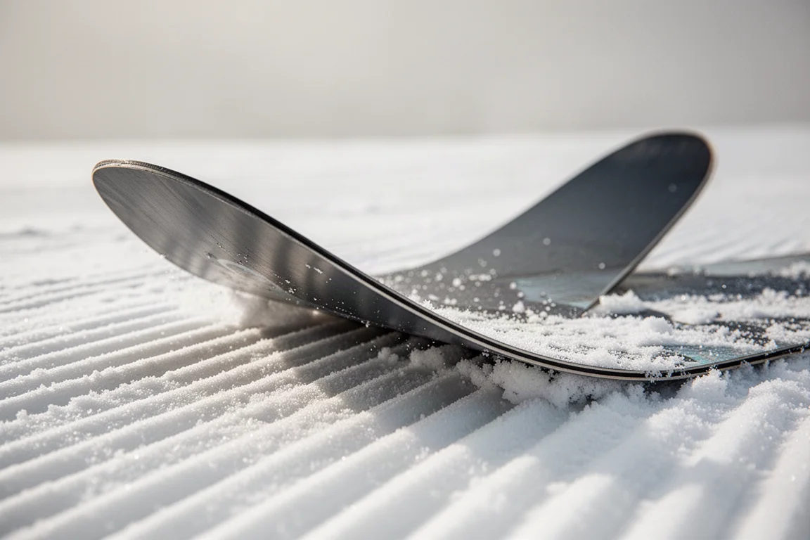 Close-up da cauda de uma prancha de snowboard flexionando sobre neve compactada