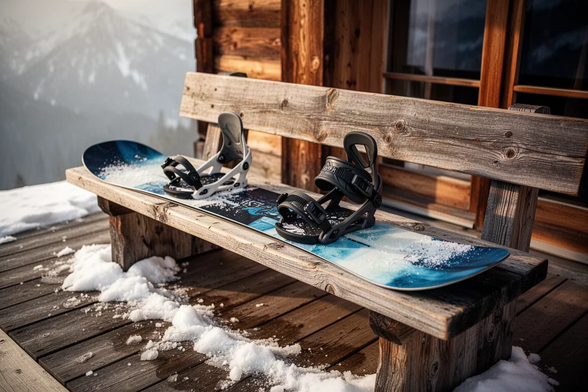 Prancha de snowboard apoiada em um banco de madeira ao lado de fixações em um lodge de montanha