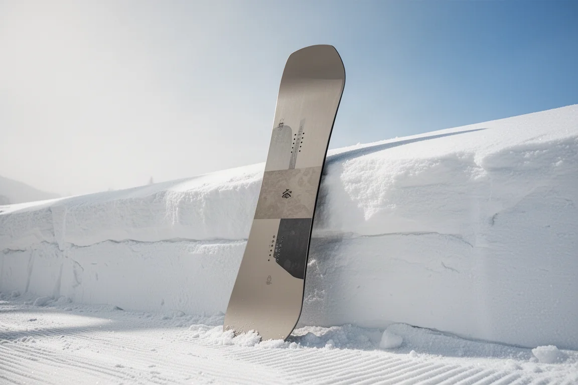 Wide volume-shifted snowboard leaning against a snowbank on a bluebird day