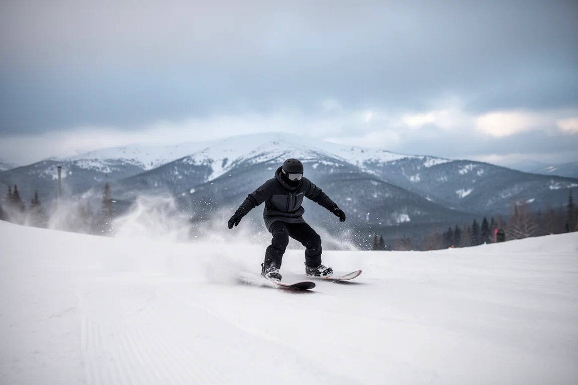 Snowboarder fährt carveanten Bögen auf festen Pisten bei bedecktem Himmel