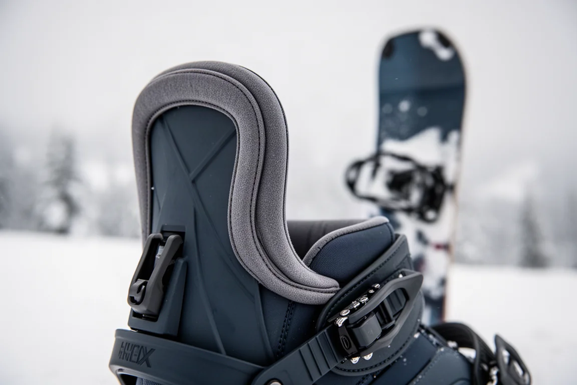 Nahaufnahme eines Snowboard-Binding-Highbacks, der die Ferse des Boots umschließt