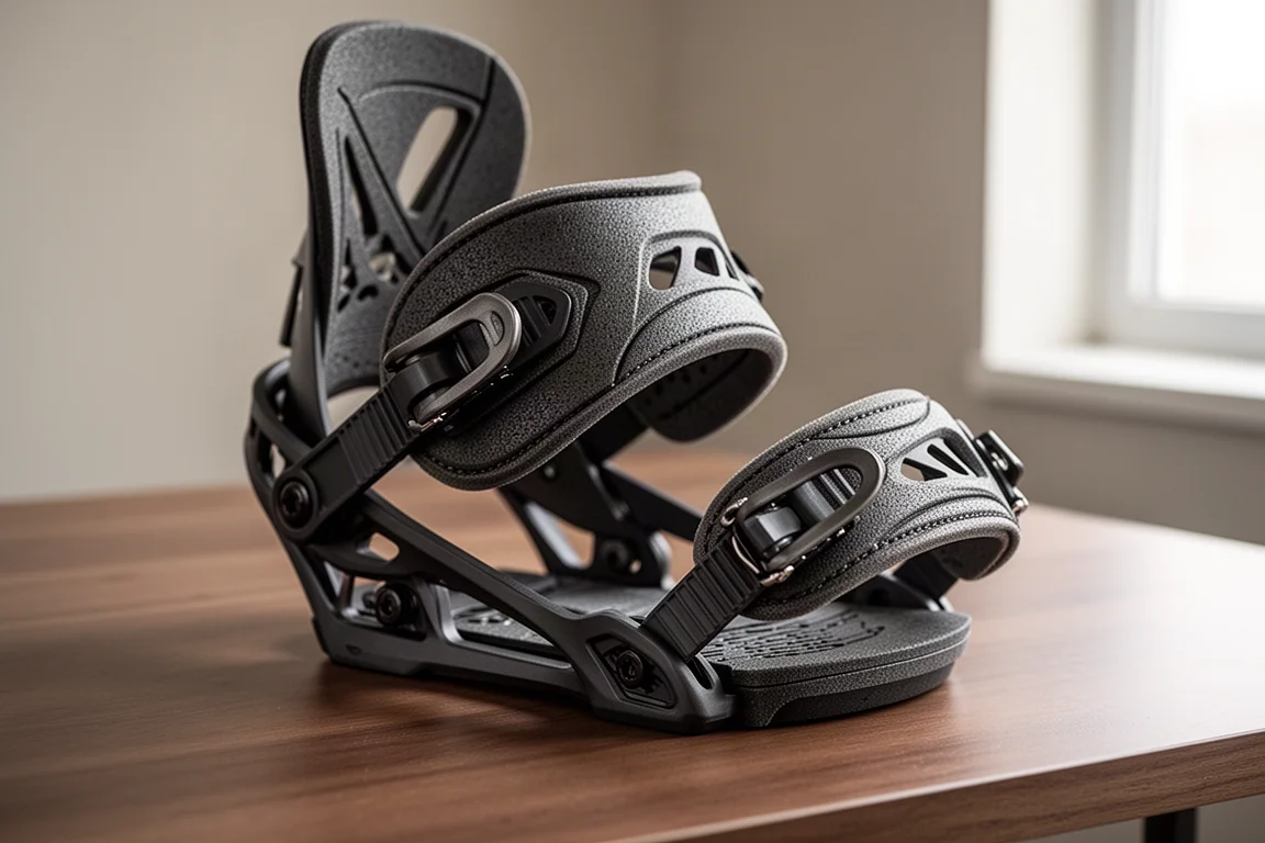 Straps und Ratschen eines steifen Freeride-Snowboard-Bindings im Detail