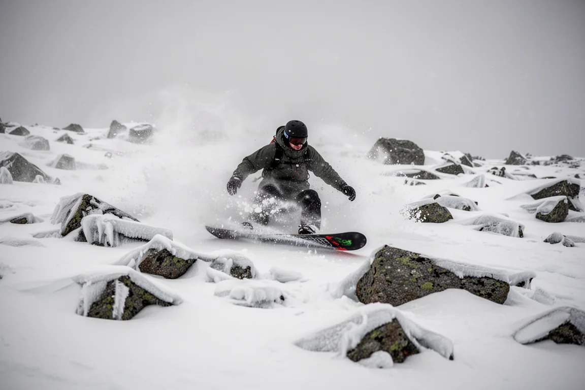 Snowboarder fährt durch raues, brockiges Schneeterrain