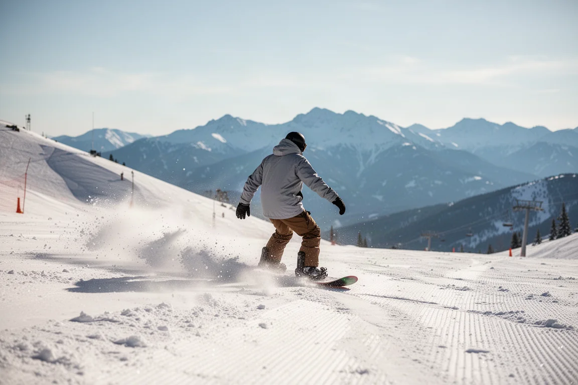 Snowboarder carvt durch aufgewühlten Pistenrauch an einem sonnigen Tag am Berg