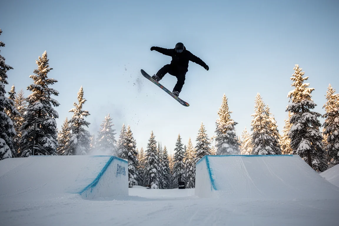 Snowboarder springt über einen Park-Jump vor klarem Himmel