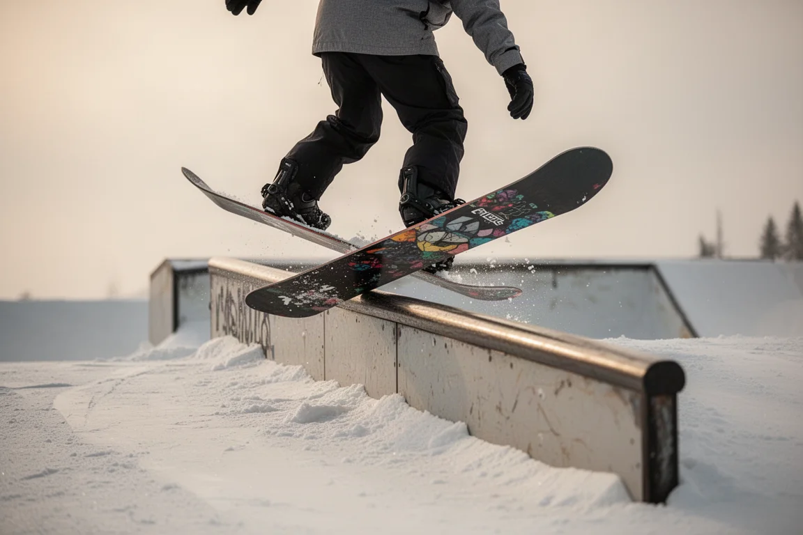 Snowboarder hält einen Nose Press auf einem Park-Feature
