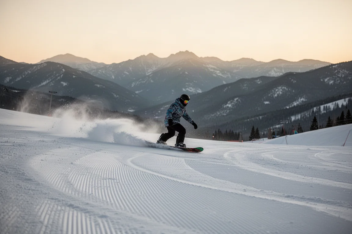 Snowboarder zieht einen mittleren Turn auf präparierter Piste in der Abenddämmerung