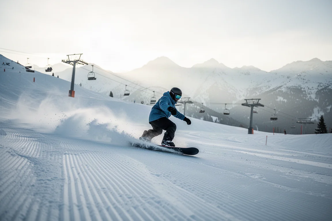 朝の柔らかい雪の上を山の広いゲレンデで滑るスノーボーダー