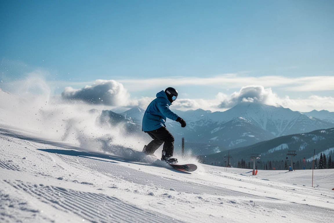 Snowboarder descendiendo por nieve polvo fresca en una ladera de una montaña de Colorado