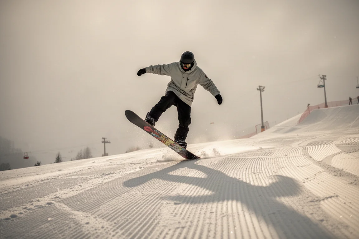 Primer plano de la punta de una tabla de snowboard flotando sobre nieve polvo suave y fresca