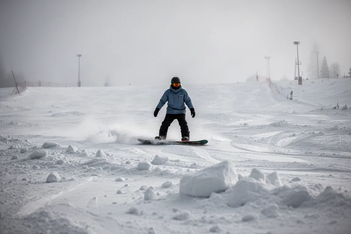 Snowboarder trazando curvas entre los árboles en un día de nieve polvo