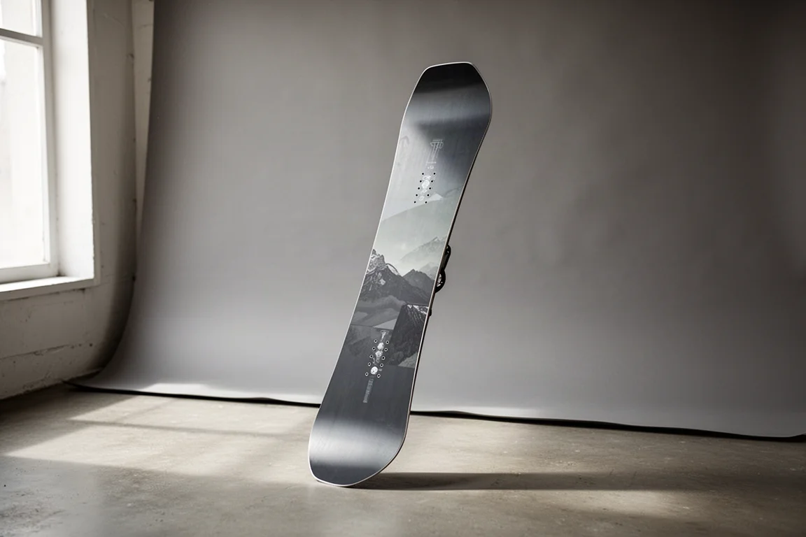 Tabla de snowboard all-mountain Yes Allin apoyada de canto sobre una superficie de hormigón