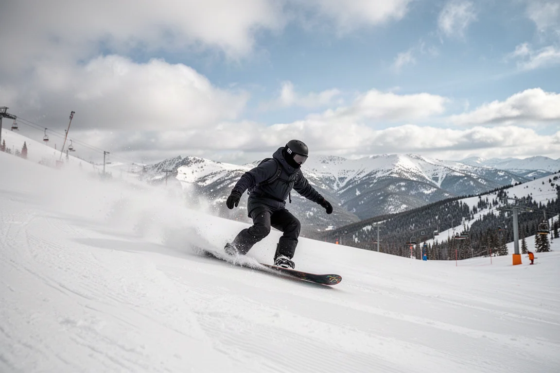 Snowboardista bajando a toda velocidad por una pista pisada firme bajo un cielo parcialmente nublado