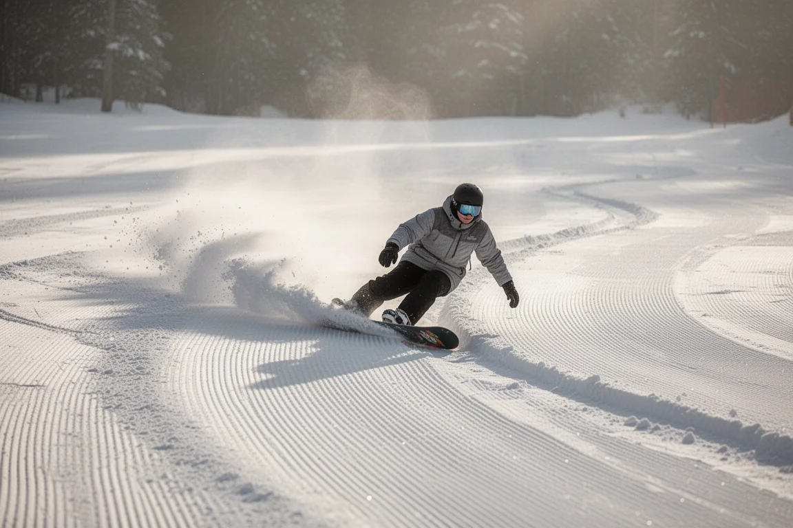 Snowboardista cavando profundo en la ladera, dejando una trinchera en corduroy fresco