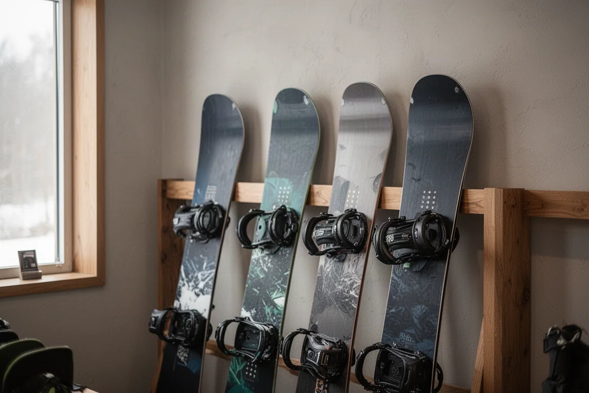 Pared de una tienda de snowboard con tablas exhibidas bajo la suave luz de la ventana