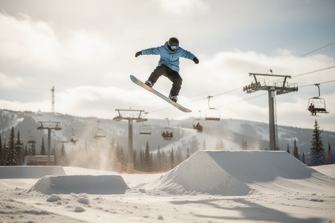 Snowboarder popping an ollie off a jump at a ski resort on a partly sunny day