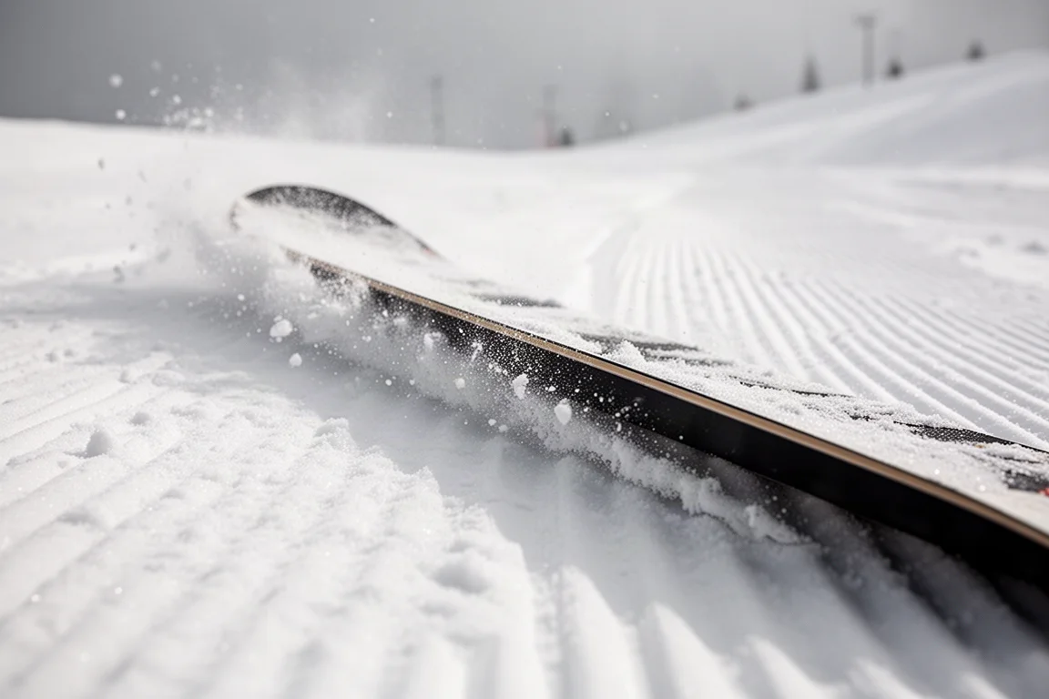 Close-up of a snowboard edge biting into hardpacked snow during a carve