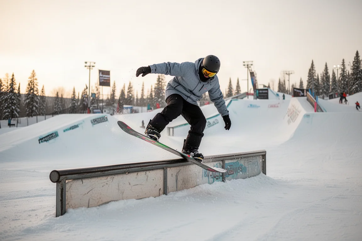 Snowboarder pressing a board on a rail in a terrain park
