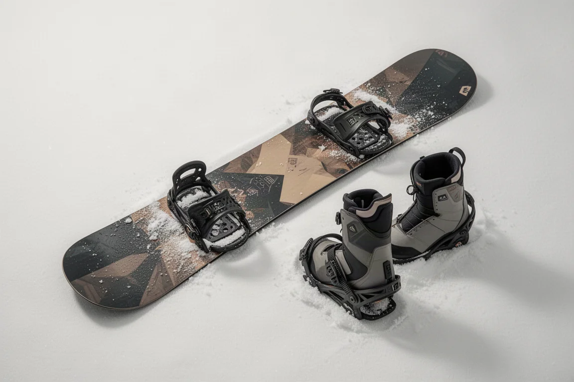 Flat-lay of a snowboard with bindings and boots arranged on snow
