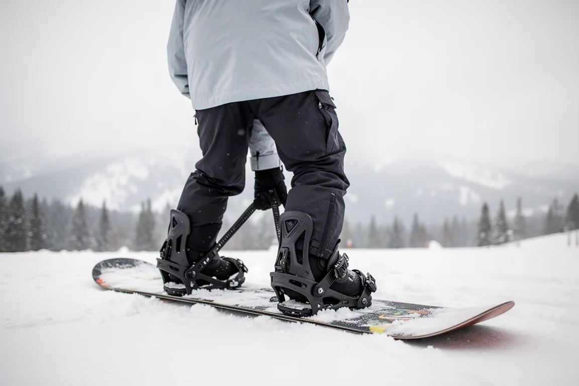 Snowboarder che si allaccia l'attacco su una pista innevata sotto un cielo coperto