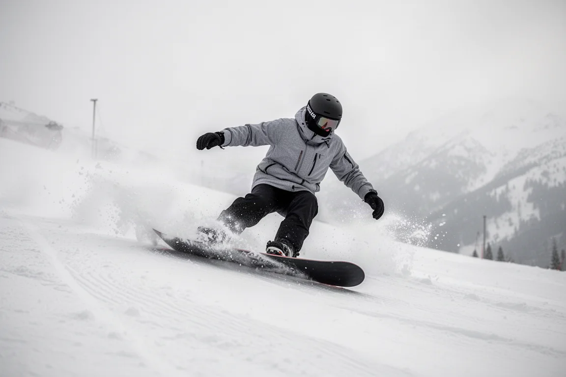 Snowboarder che curva deciso sul filo delle dita dei piedi sollevando neve fresca