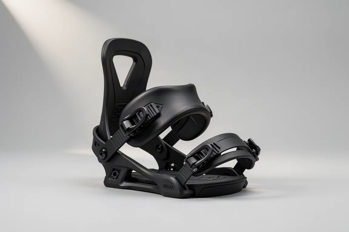 Attacco da snowboard freestyle con highback e cinghie nere su sfondo grigio