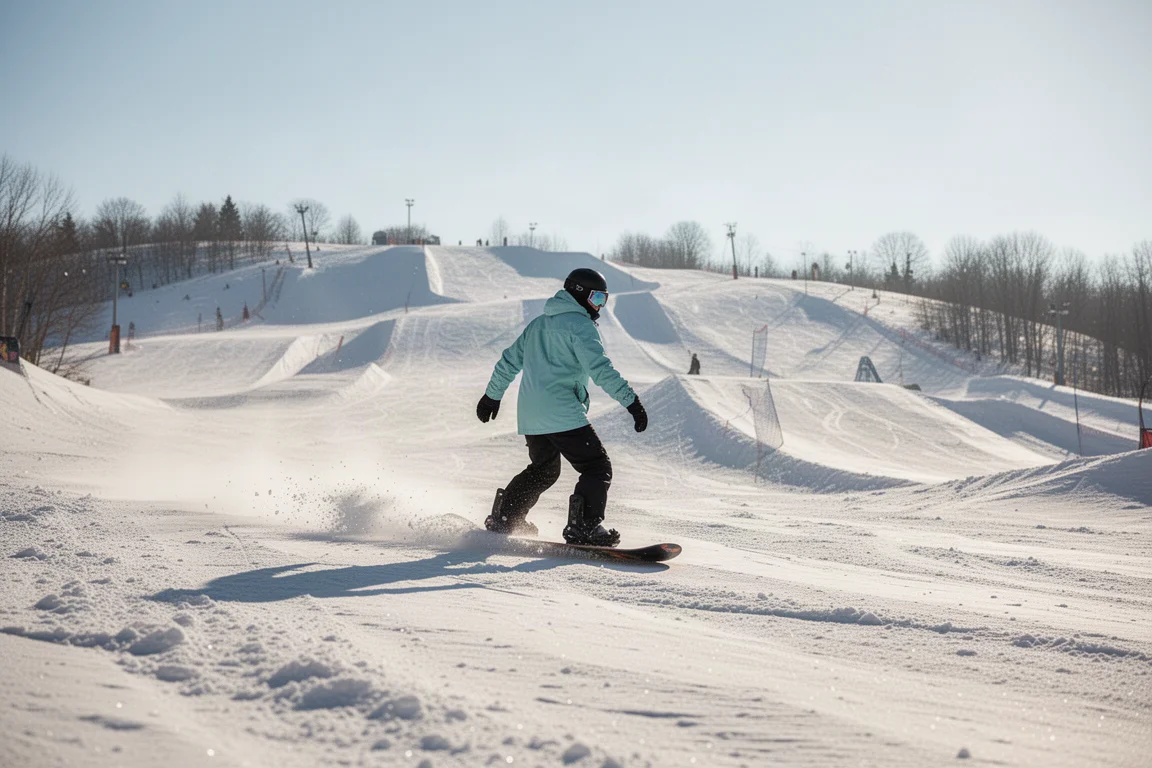 Snowboarder bajando una pista de park primaveral soleada con nieve granulada