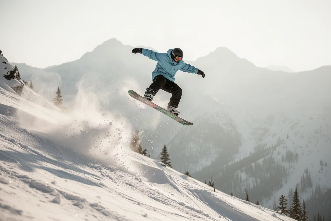 Snowboarder elevándose desde un salto lateral en la ladera de una montaña