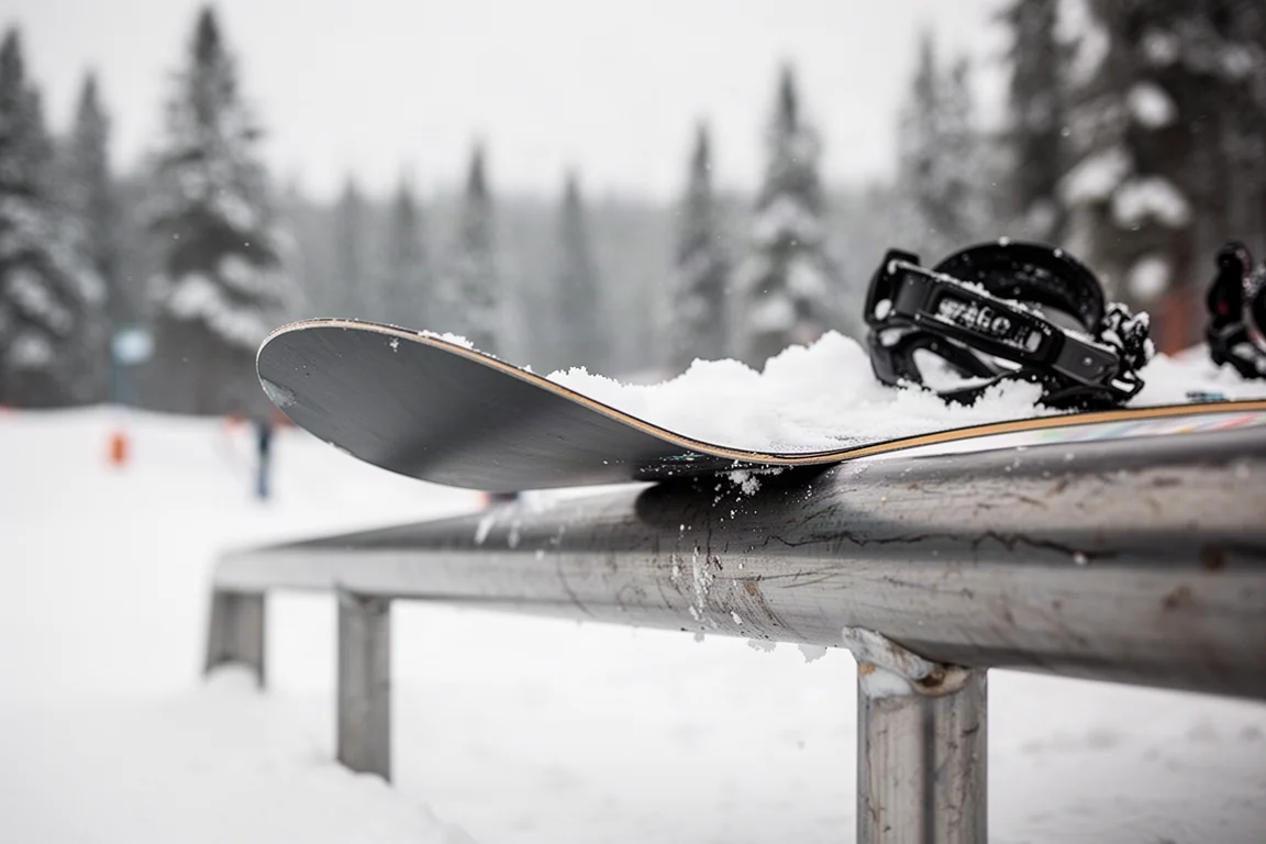 Primer plano de la punta de una tabla de snowboard presionando un raíl de park