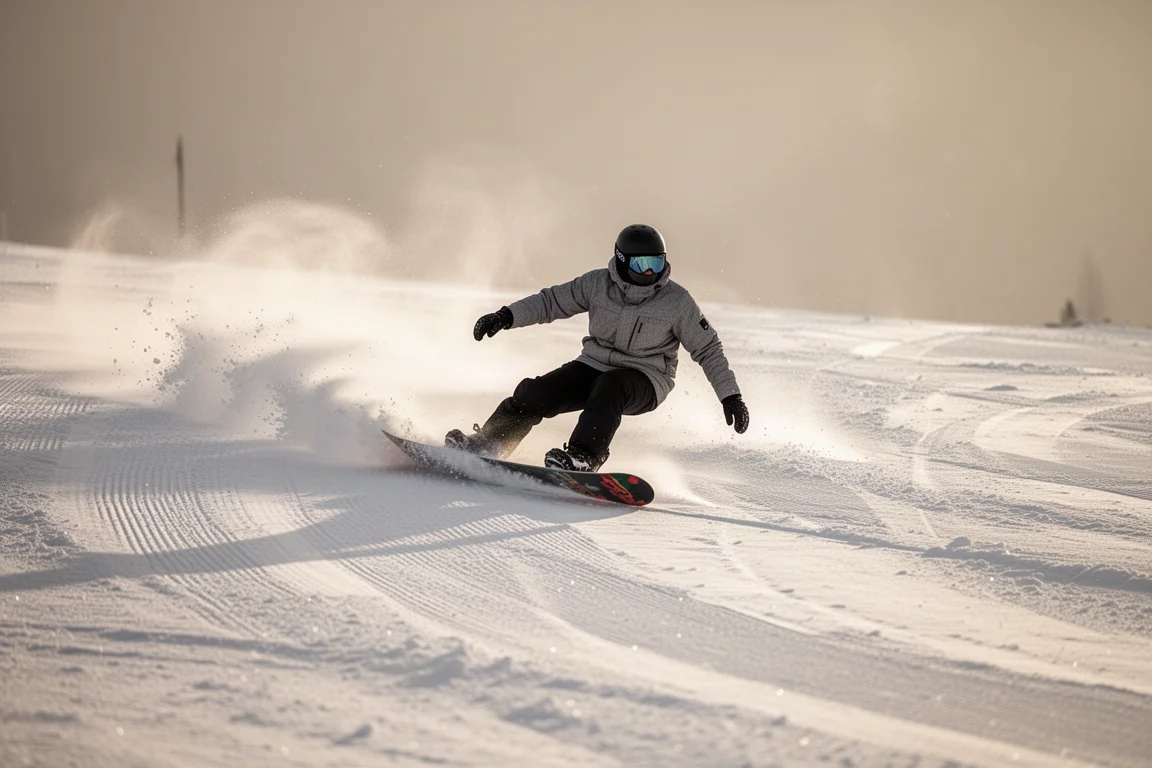 Snowboarder trazando una curva de talón en una pista pisada