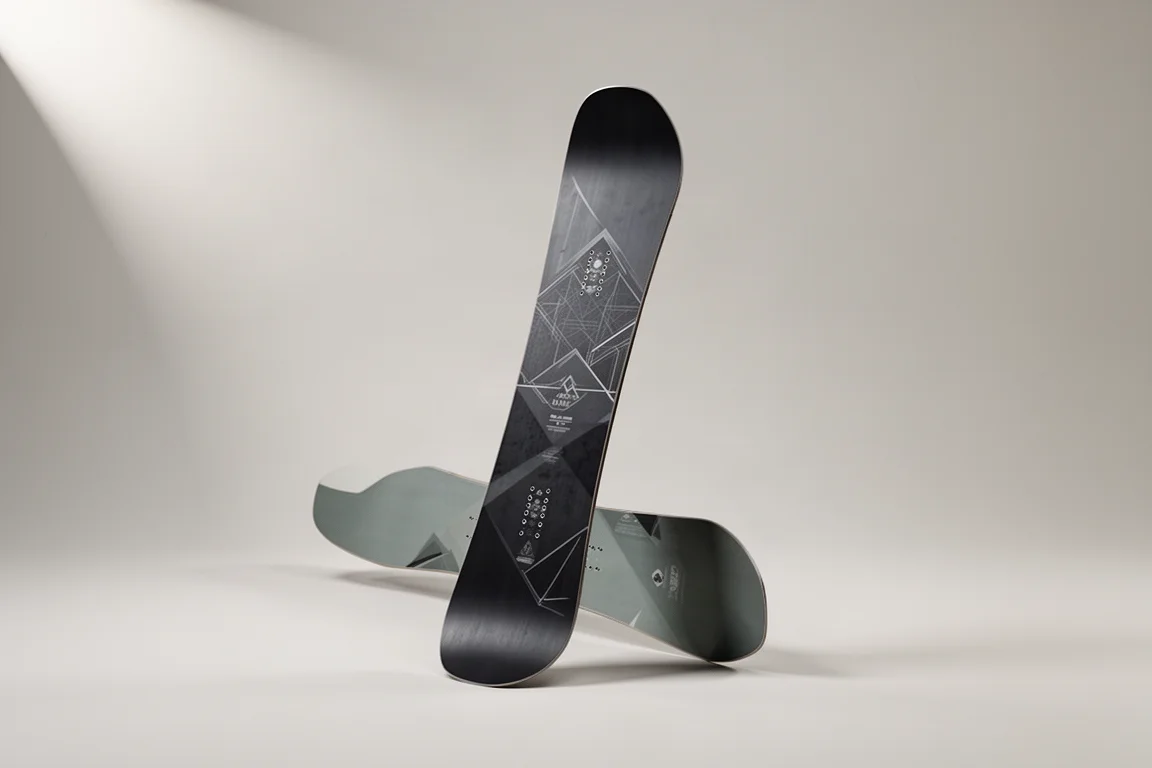 Twin-tip freestyle snowboard standing at an angle on a pale grey studio backdrop