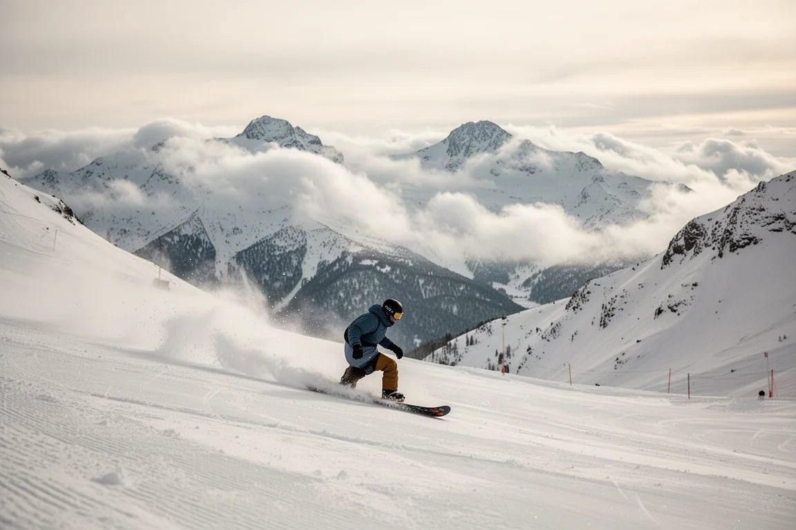Snowboarder riding fast down a groomed mountain run with clouds rolling over the peaks
