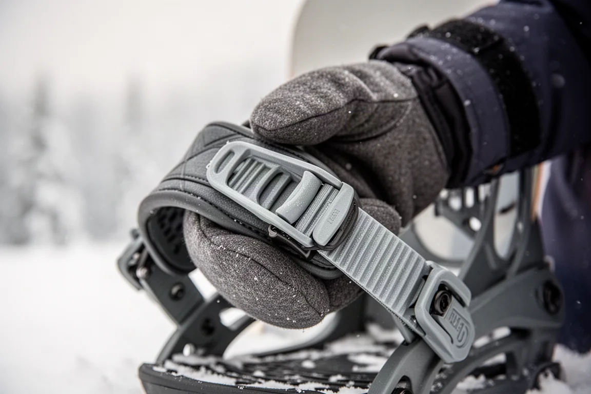 Close-up of a molded snowboard binding strap ratchet being adjusted by a gloved hand