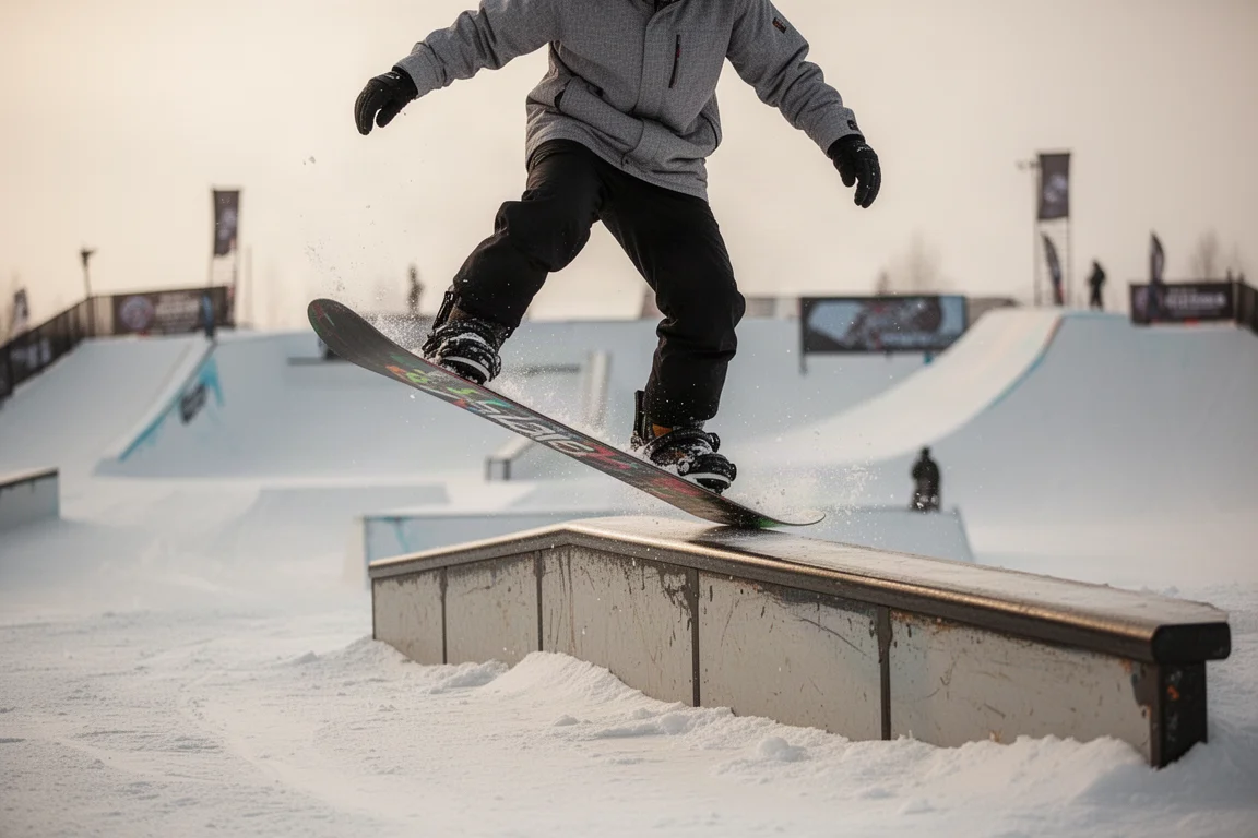 Snowboarder pressing on a rail in a terrain park at dusk