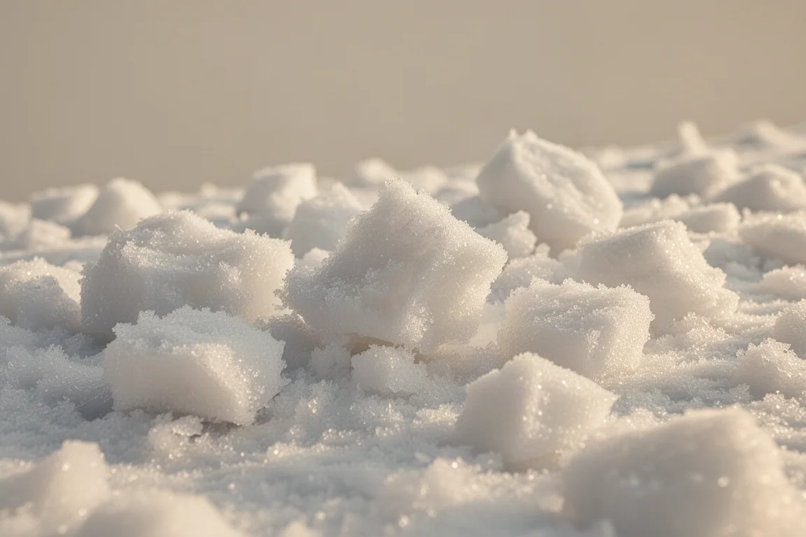 Chunky, chopped-up snow at the bottom of a ski run near the base area